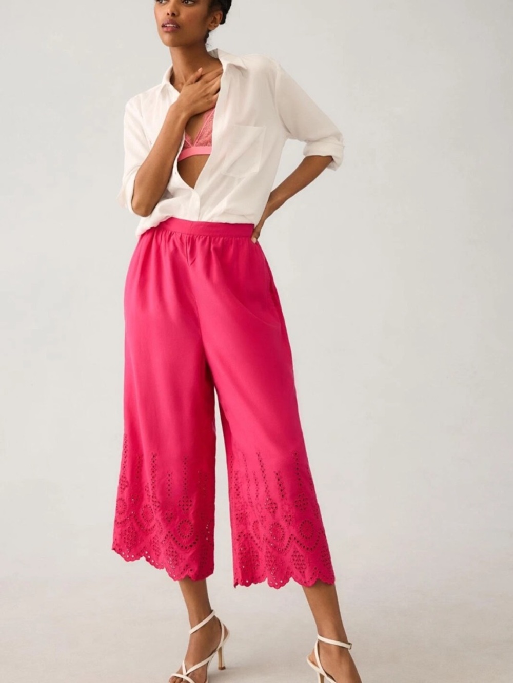 Anthropologie Women's Pink Eyelet Culotte Pants